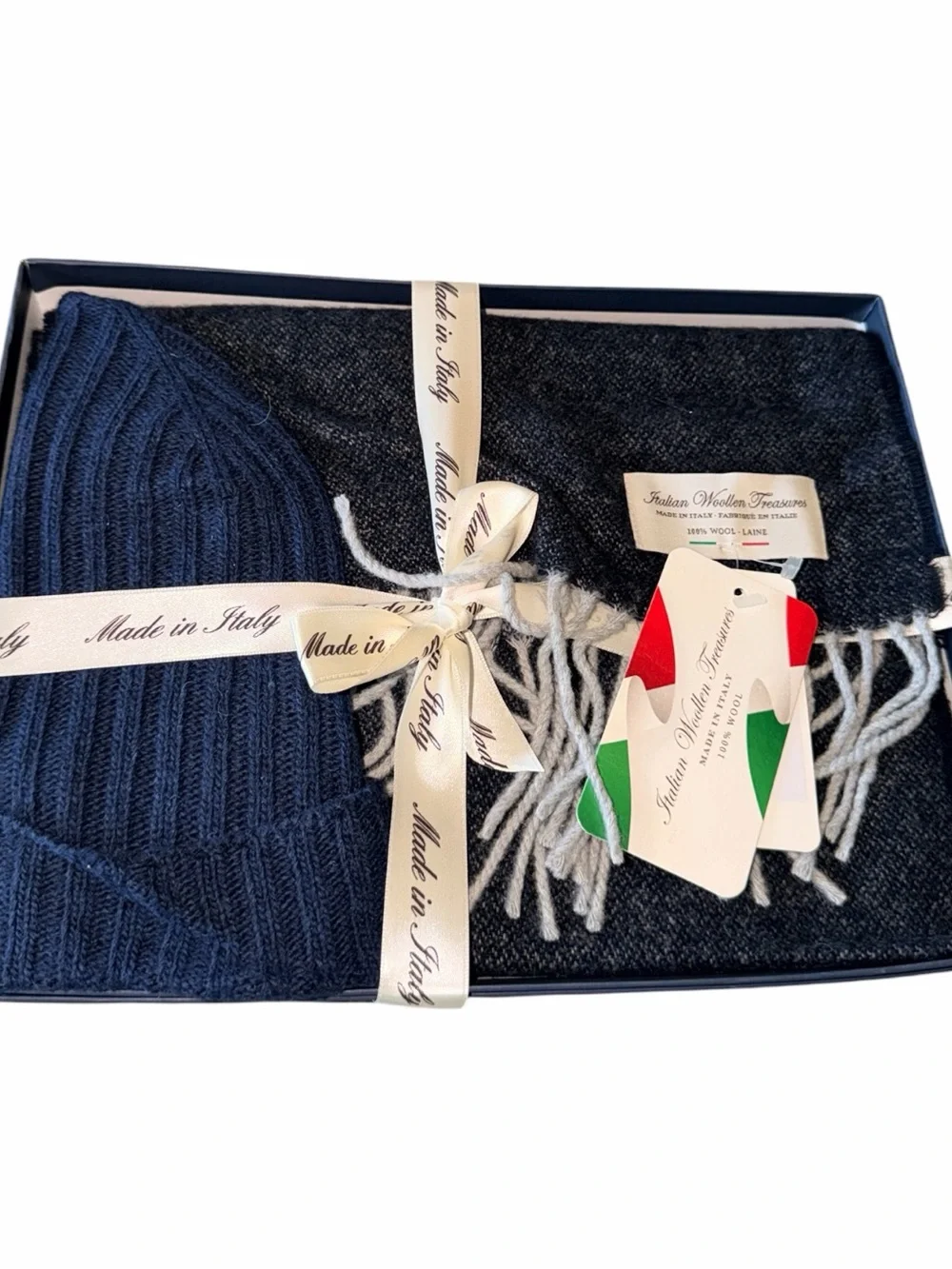 NWT NIb Men’s Italian 100% Wool Scarf & Beanie Set Made in Italy Navy Gray